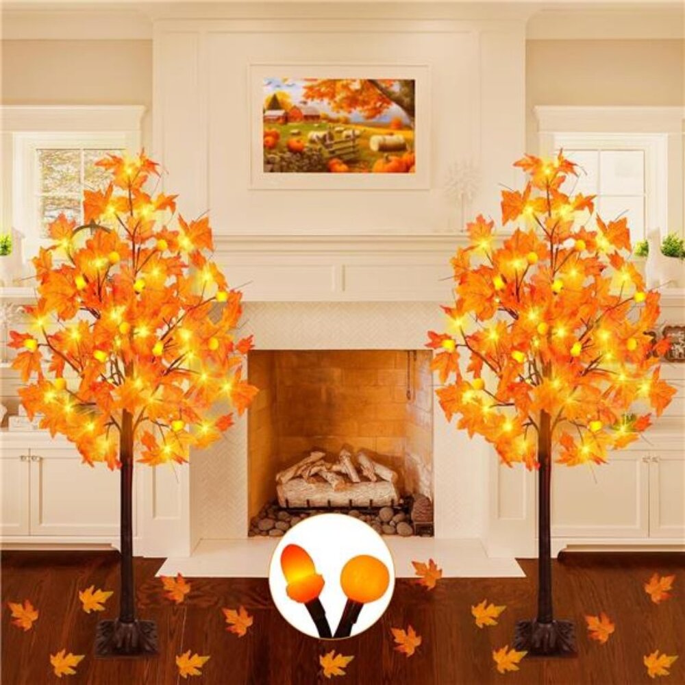 [ 2 Pack & Timer ] 4 Ft Fall‎ Decor Lighted Maple Tree, 63 LED Prelit Fall Maple